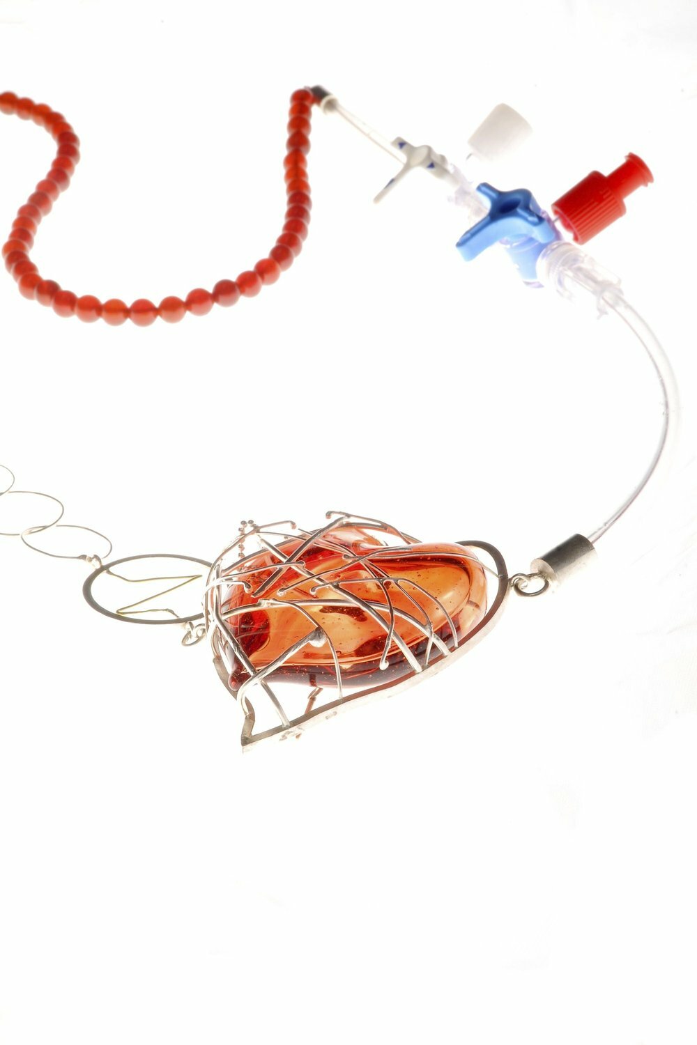 "My First Heart Attack", Necklace, 2010, Glass, catheter, cornaline, gold, silver